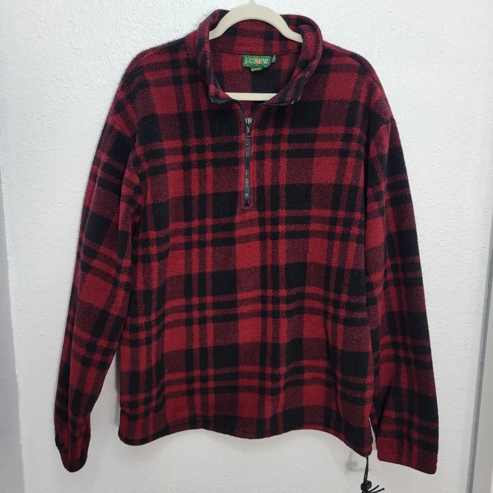 J. CREW Vintage Plaid Fleece 1/4 Zip Toggle Waist Pop-Over Jacket Red Size L